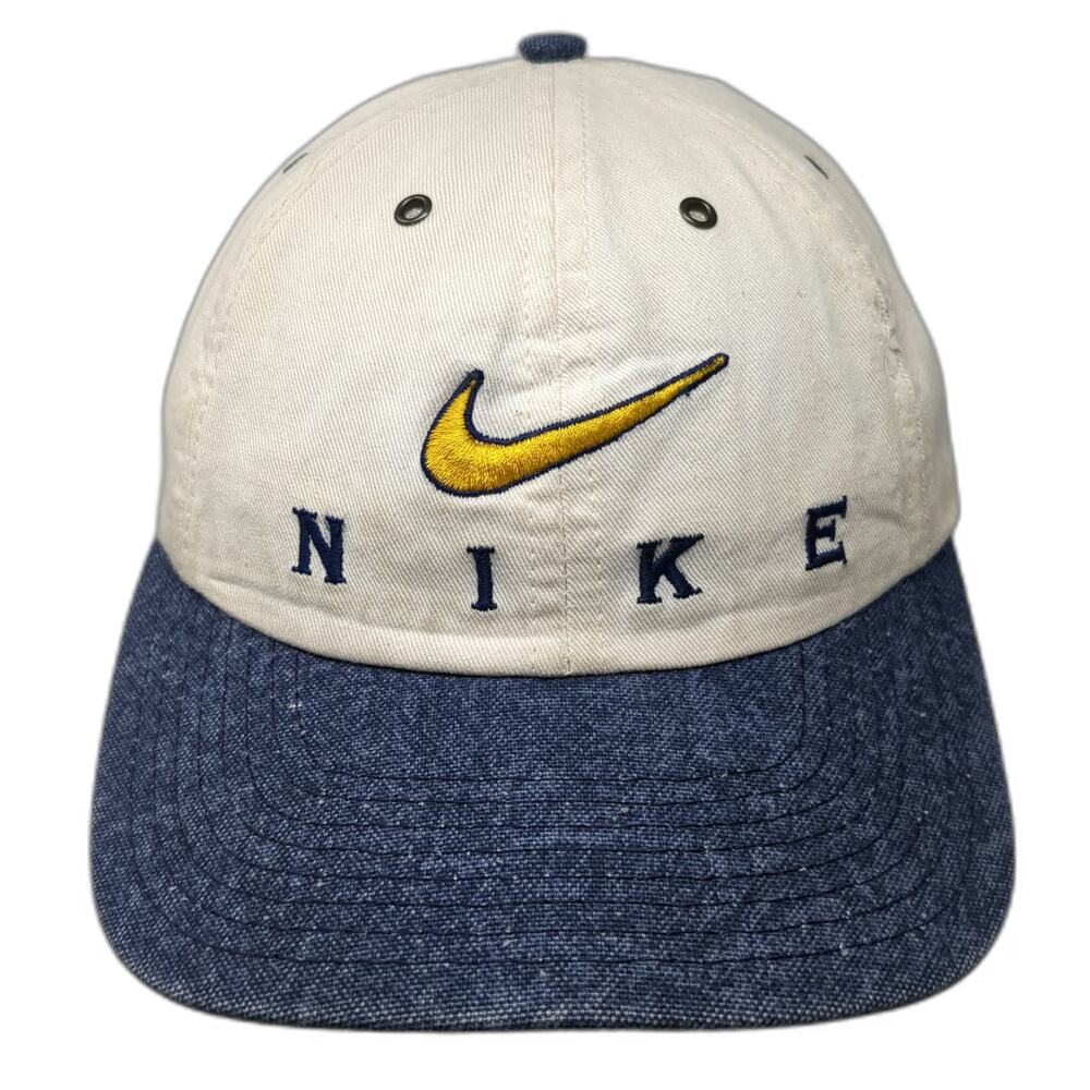 Nike Baseball Cap White Blue Embroidered Swoosh Logo Slideback USA Hat Vintage